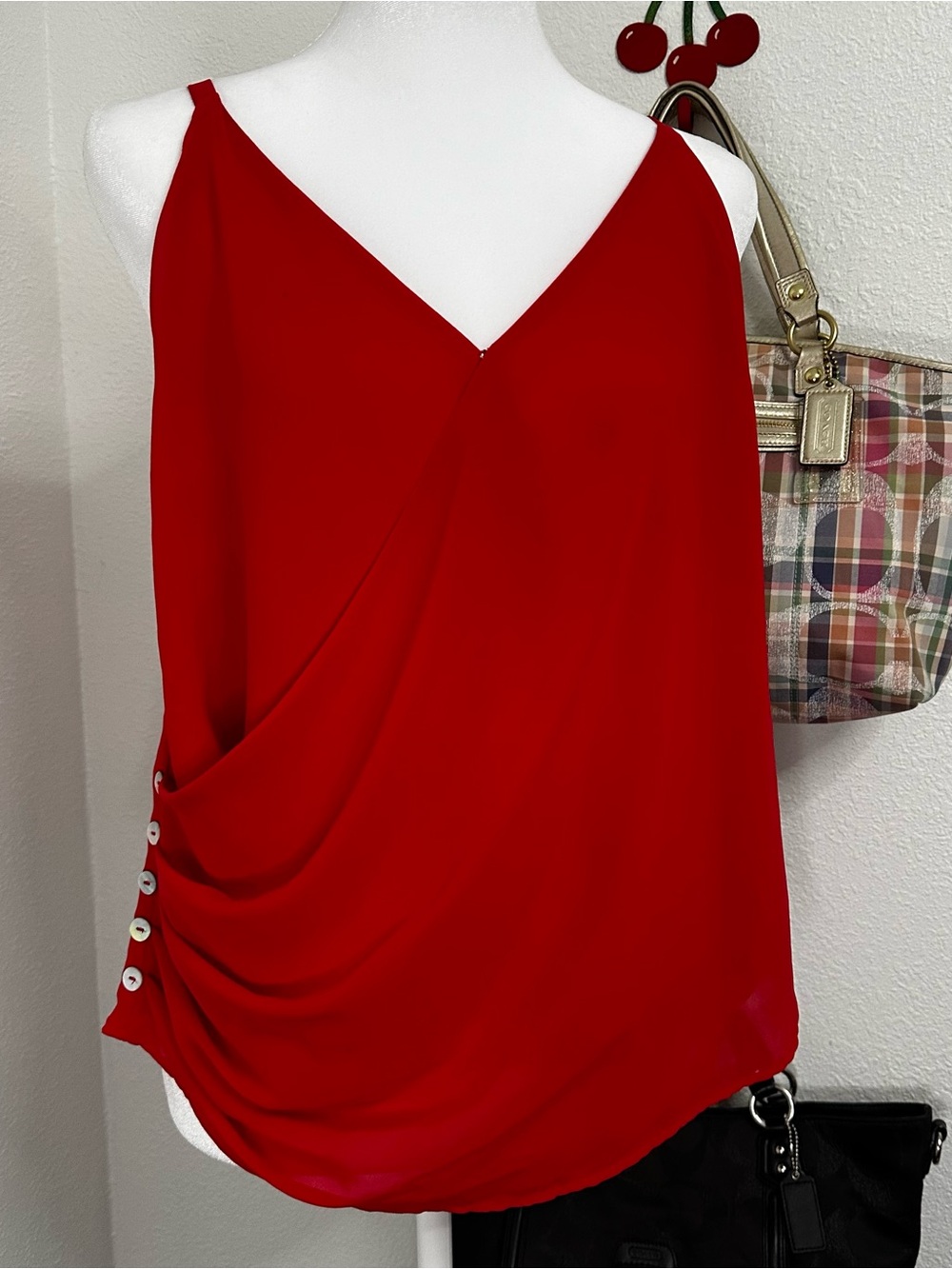 zenana large Women’s Bright Red Tank Top Dress Shirt Button Up detail v neck